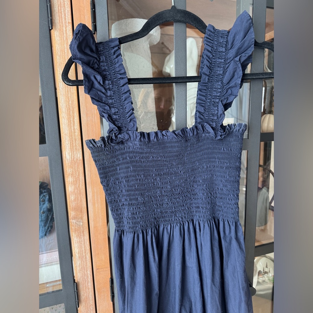 Quince nap dress Poplin Smocked Midi ruffles square neck tiered hill house navy - Picture 5 of 7